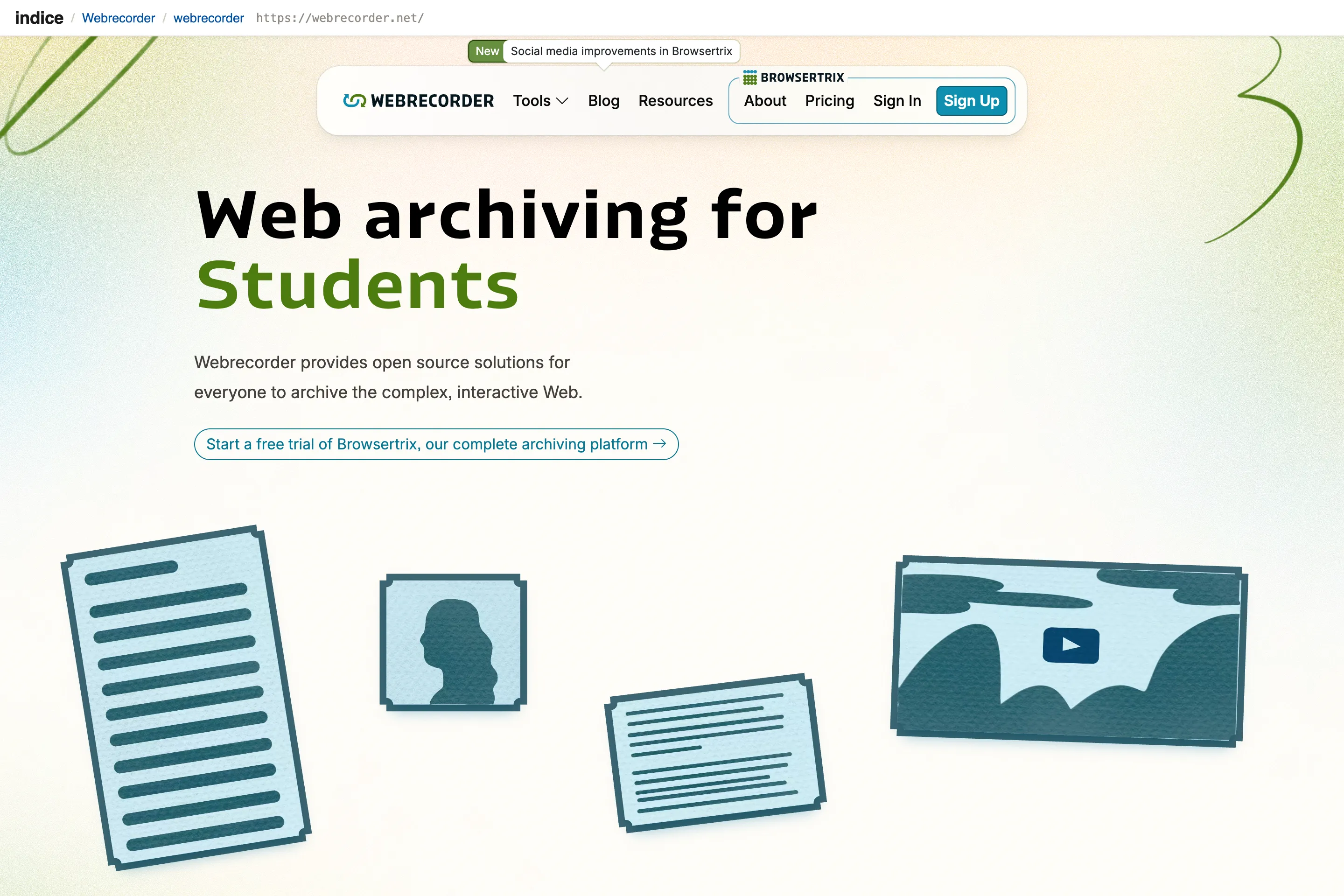 The webrecorder.net homepage replaying inside indice via ReplayWeb.page