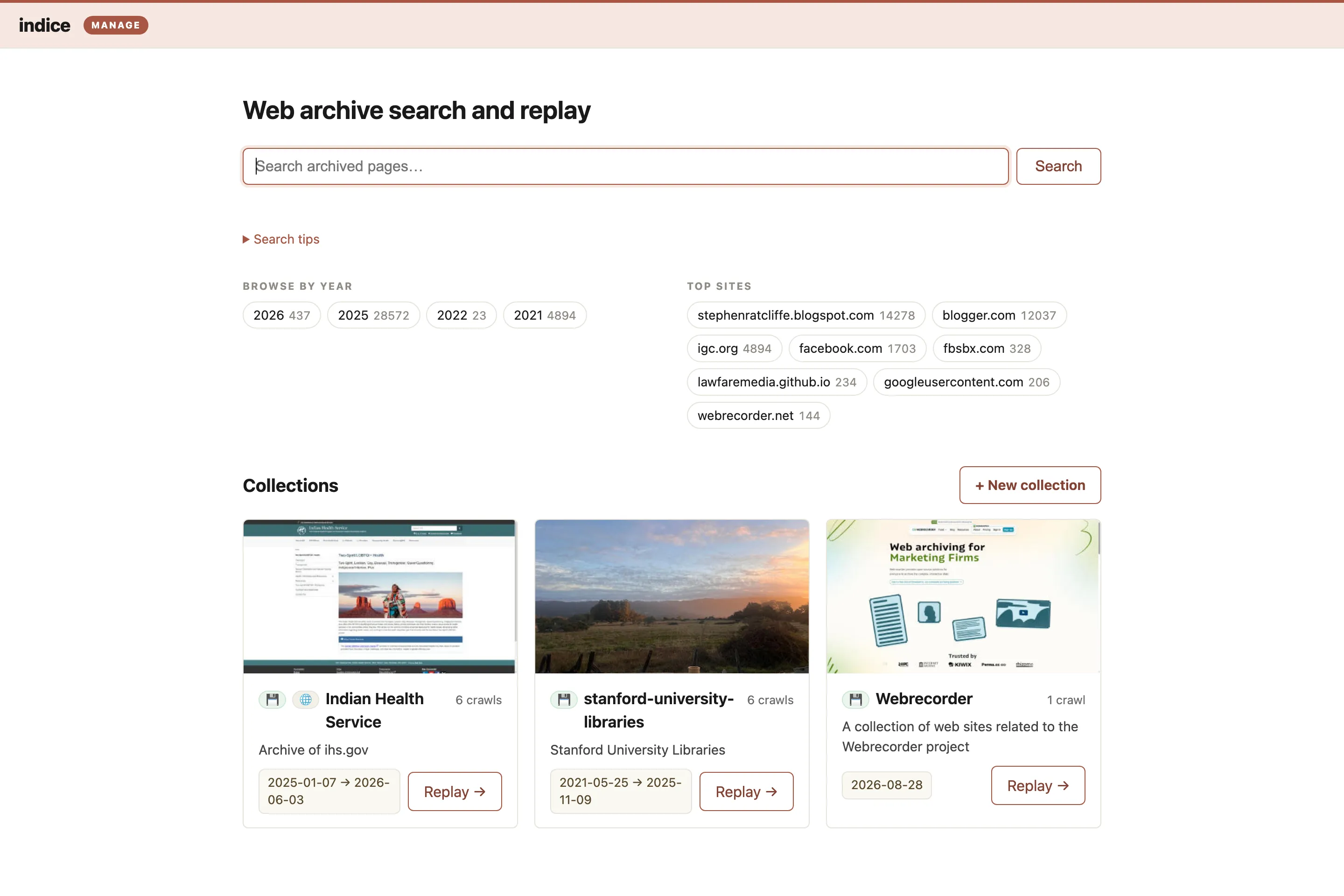indice in management mode: a clay-accented app bar with a Manage chip and a New collection button